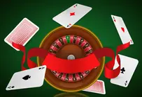Casino roulette, flying aces and red ribbon. Casino business advertising design. For posters, banners, leaflets and brochures.