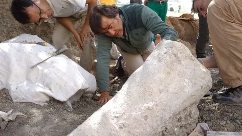 Torcida y Canudo con húmero en las excavaciones. Fotografías: Fundación Dinosaurios