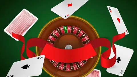 Casino roulette, flying aces and red ribbon. Casino business advertising design. For posters, banners, leaflets and brochures.
