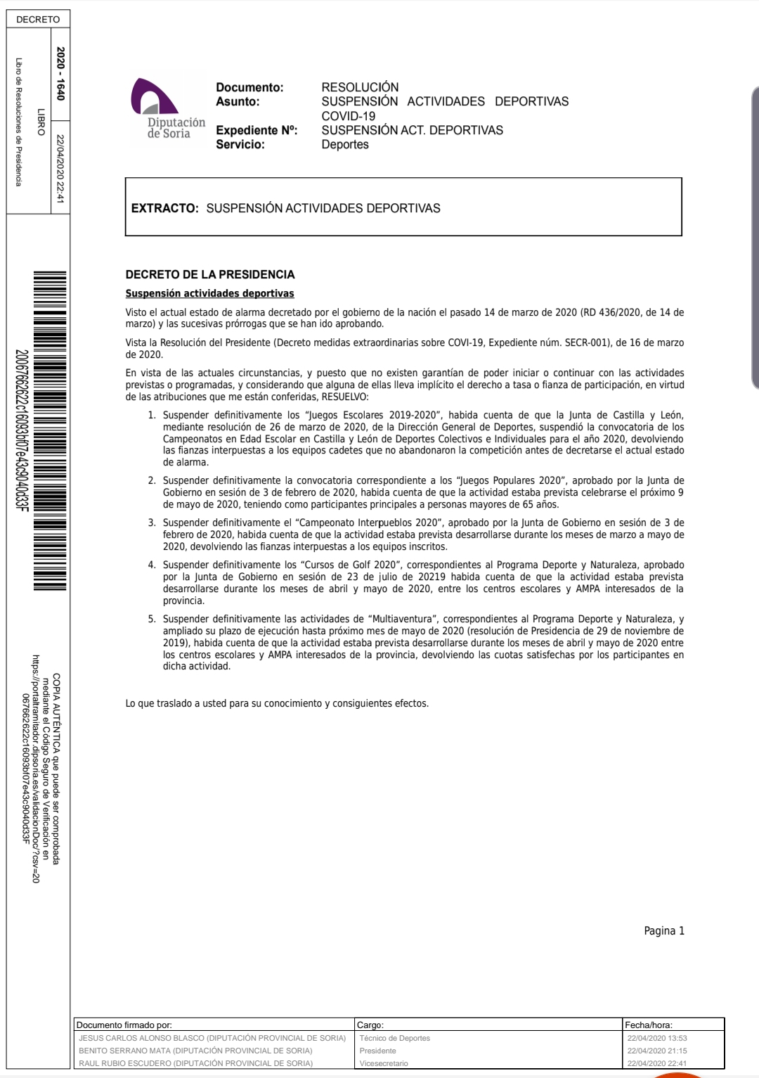 decreto SUSPENSIÓN DE LA ESCUELA DE FÚTBOL