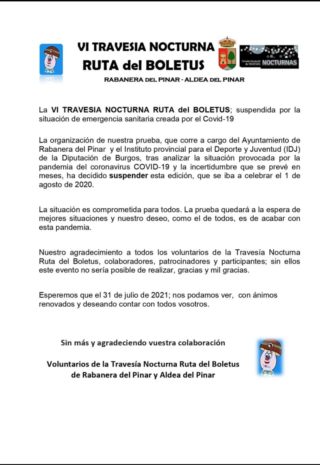 Suspendida la VI Travesía Nocturna Ruta del Boletus 2020