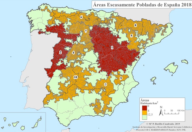 Mapa de las NUT despobladas de España.