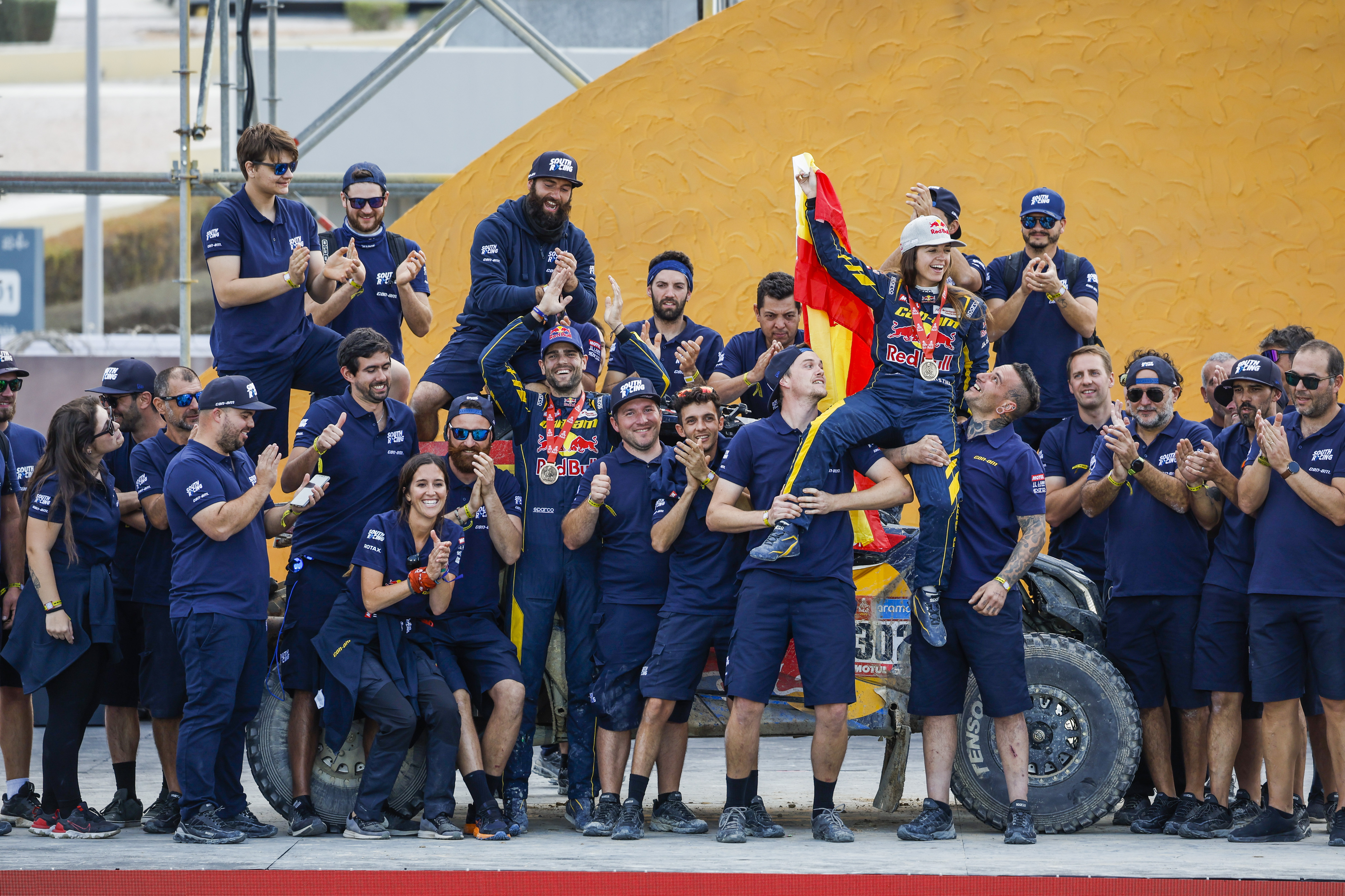 Cristina Gutierrez Herrero and Pablo Moreno Huete of the Red Bull Off-Road Junior Team USA presented by BFGoodrich during the finish podium of the Dakar 2023, on January 15, 2023 in Dammam, Saudi Arabia