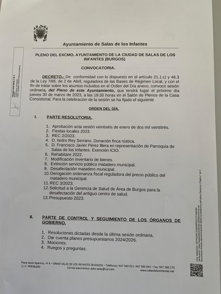 Orden del día pleno en Salas