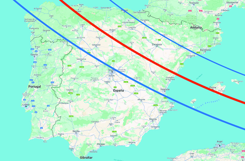 Trazado del eclipse total. La línea roja marca los sitios donde se verá mejor