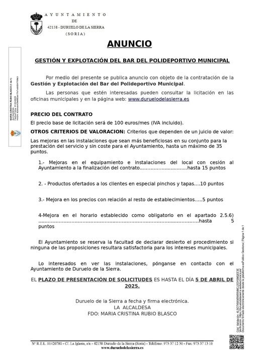 Licitacion del bar del Poli de Duruelo